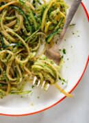 cilantro pesto pasta on fork