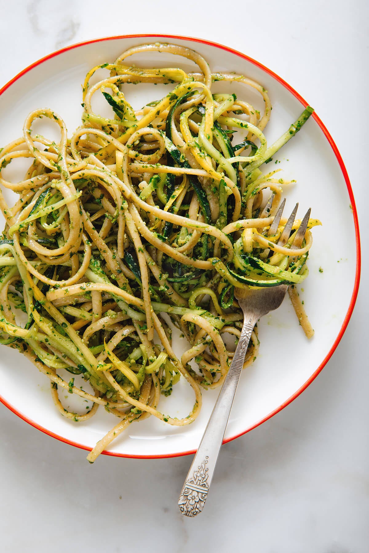 cilantro pesto pasta on plate