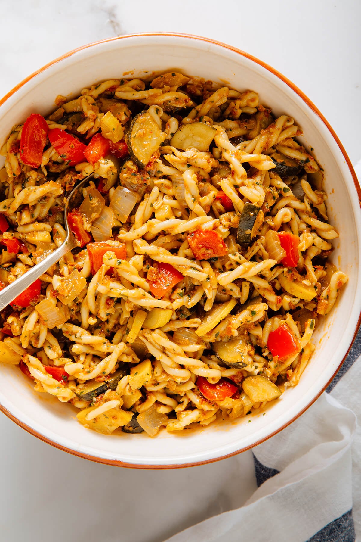 sun-dried tomato pesto pasta in bowl