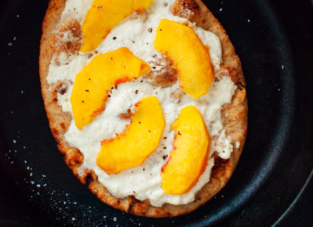 peach, basil and ricotta flatbread ingredients Simple Peach, Basil and Ricotta Flatbread in skillet