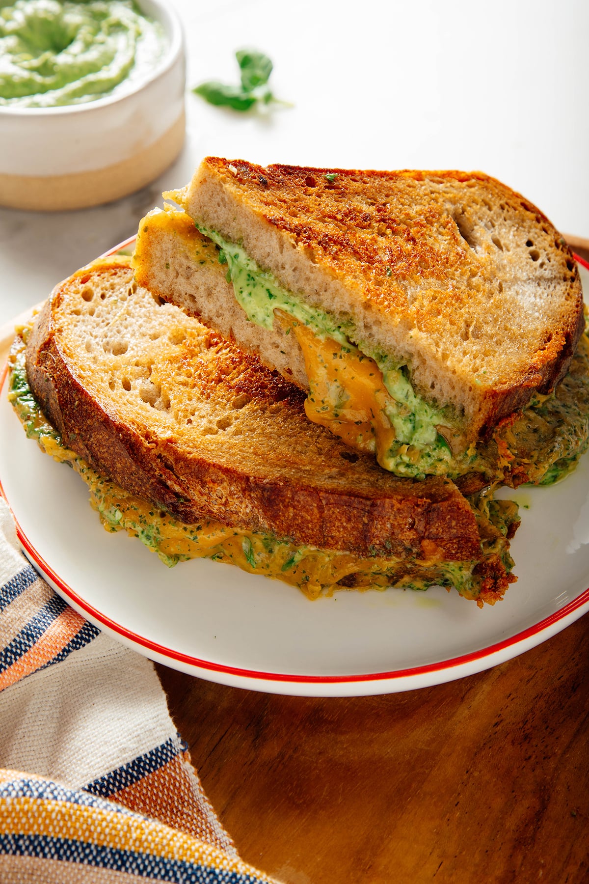 basil sauce on grilled cheese