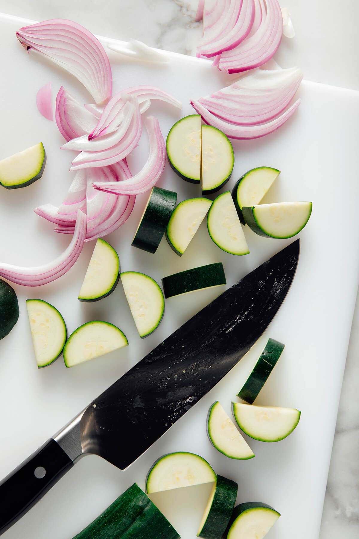 sliced zucchini and red onion